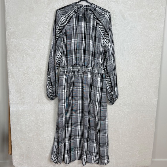 Plaid Smocked Midi Dress Black White Cottagecore Modest Long Sleeve Size M NWT - Picture 2 of 10